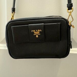 Prada Black Leather Saffiano Bow Camera Crossbody Bag